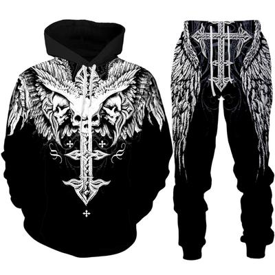 Gothic Skull Tattoo 3D potištěná mikina/teplákové soupravy Móda Pánský motocykl Motorkář Sada sportovního oblečení Cool Grafika Mikina+Kalhoty
