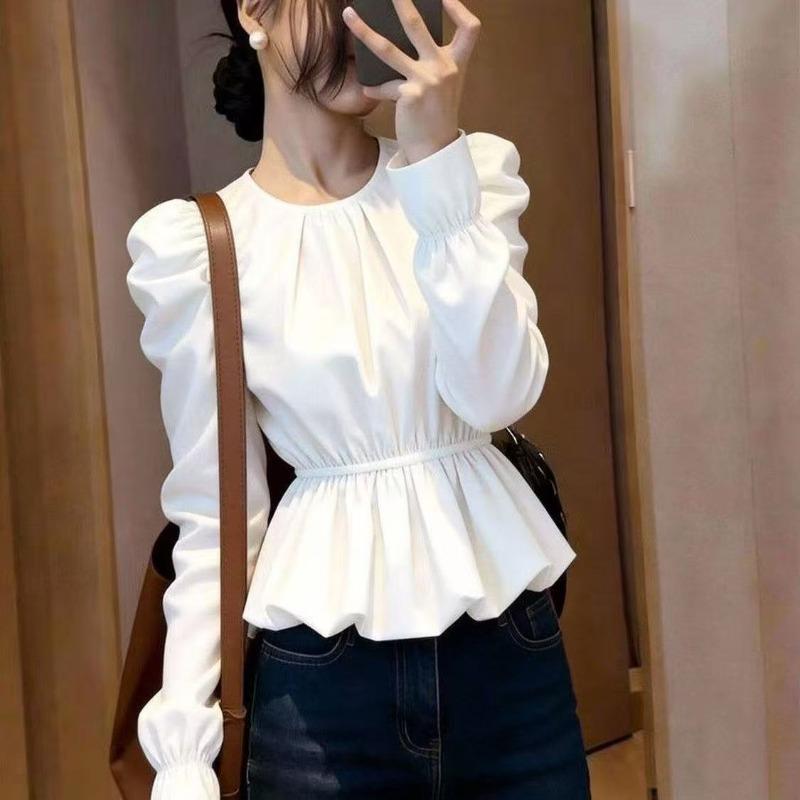 Women's Autumn French Temperament Round neck bubble sleevesTop High-end White Shirt