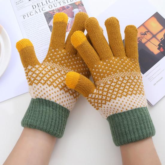 1 Pair Thickened Warm Full Fingers Touch Screen Ribbed Cuffs Women Gloves Winter Striped Splicing Double Layer Fleece Lining Knitting Gloves for Cold