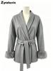 Fall French Wool Coat Short Jacket Women Fluffy Sleeve V-Neck Tie Waist Solid Color