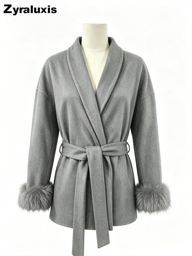 Fall French Wool Coat Short Jacket Women Fluffy Sleeve V-Neck Tie Waist Solid Color