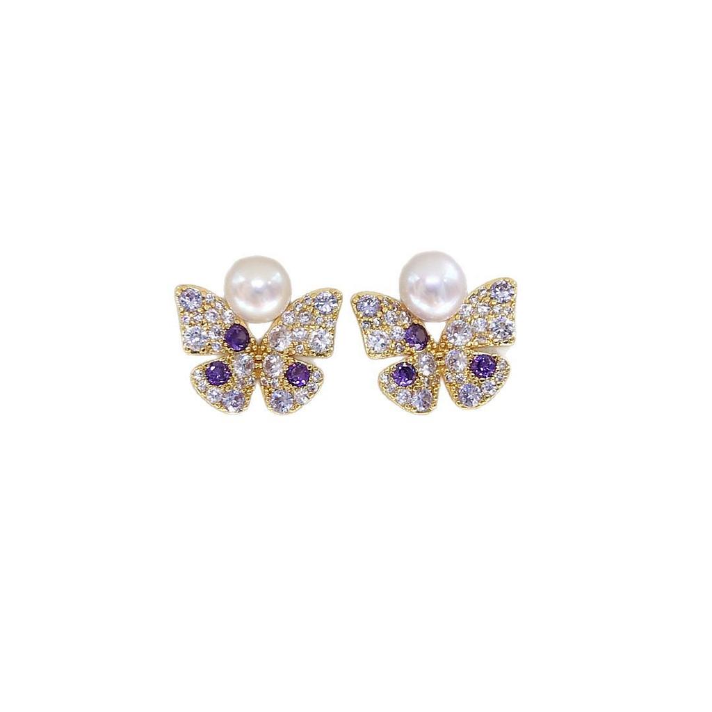 Zhuji Freshwater Pearl and Diamond Butterfly Stud Earrings for Women