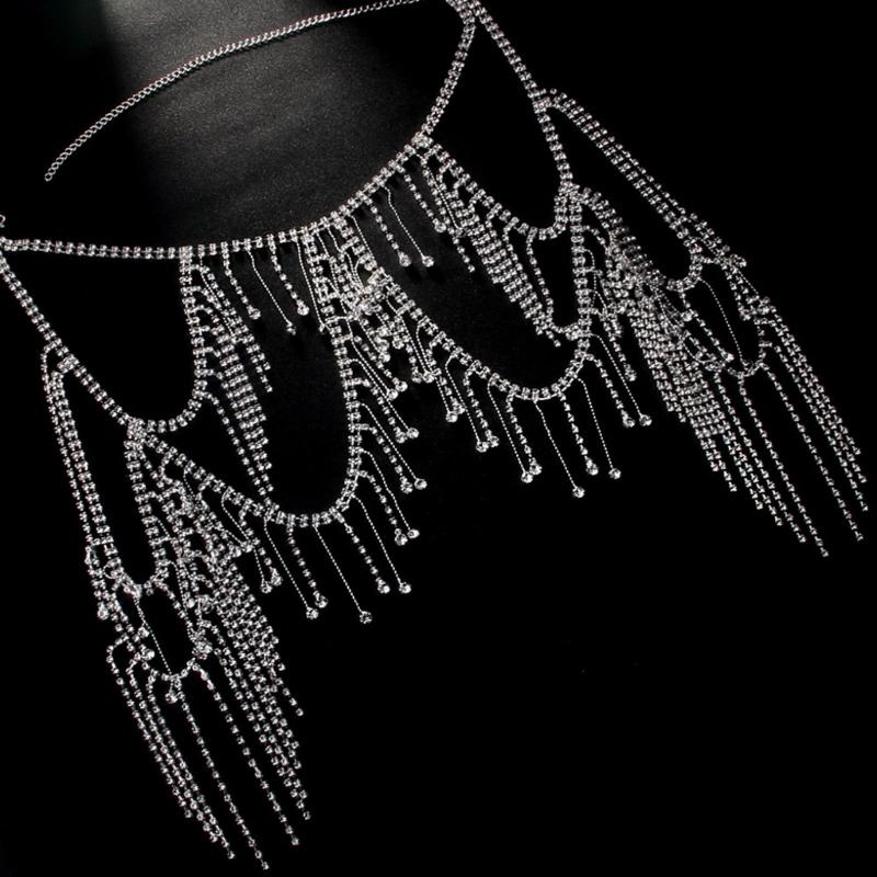Mehrlagige Fransen Schulterkette Körperschmuck mit Kristall Strasssteinen für Frauen Party Hochzeitsaccessoires