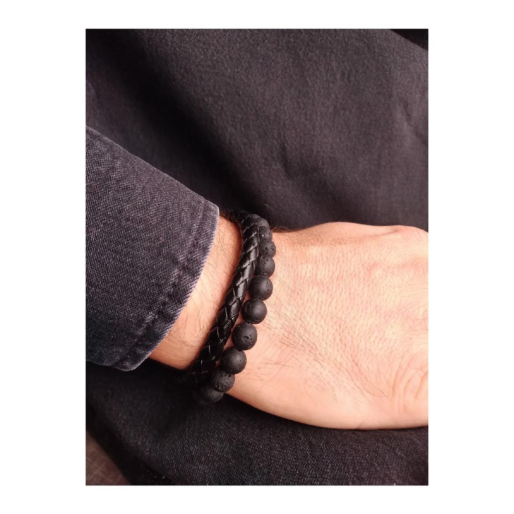 Herrenarmband aus Lavastein, Naturstein, Quarz und Leder