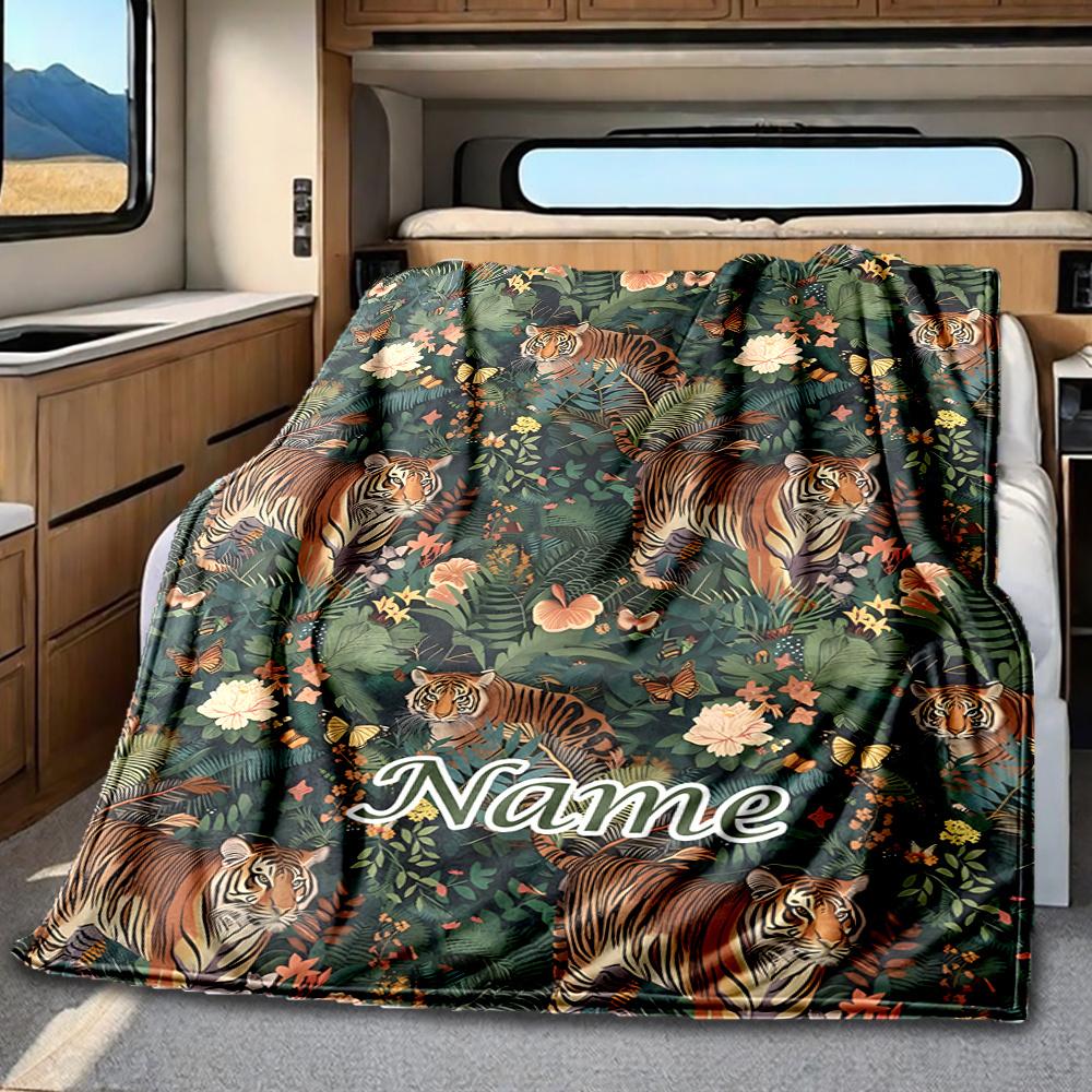 Tiger Jungle Floral Design Artwork Blanketcustomizable With Your Namecomfortable And Stylish Perfect For Travel Beds Chairs Offices Sofas