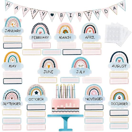 60 Pieces Boho Classroom Decor Birthday Bulletin Board Decorations Set Rainbow Bulletin Board Decor Classroom Chart Wall Decoration Cutouts for Blue Series