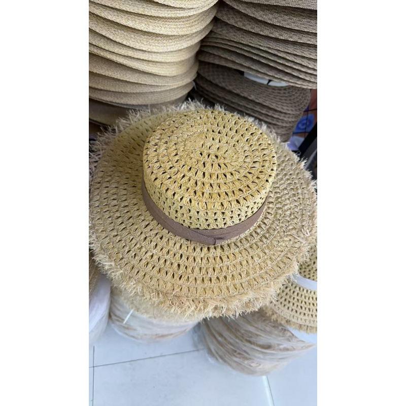 Summer new flat-top hollow straw hat three-fold with scenic beach shading burr brim imitation raffia hat