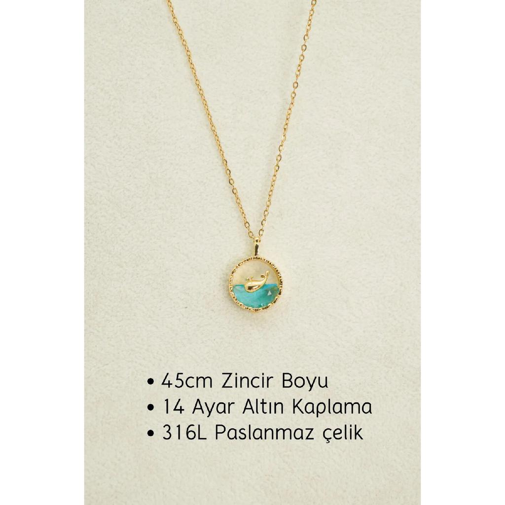 Anlauffarbene Halskette aus Stahl mit Walfisch-Motiv, Fisch schwimmt im blauen Wasser, Modell silberfarbene Halskette aus Stahl