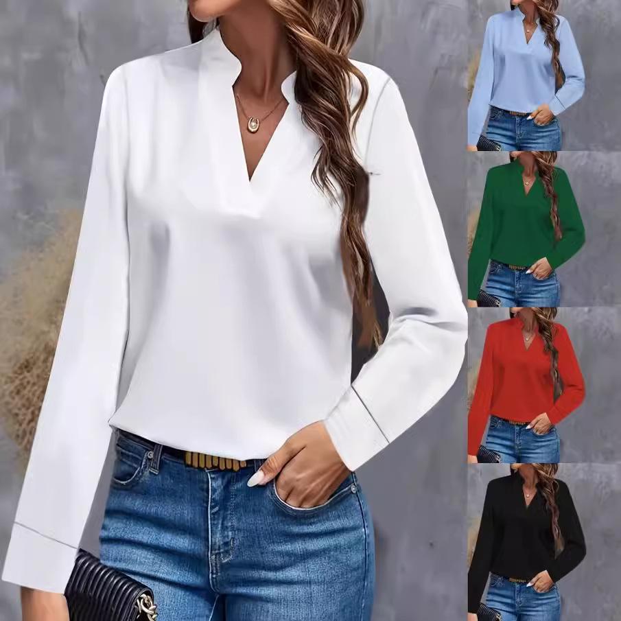 2024 Women's Autumn Casual Simple Solid V-Neck Loose Shirt Top