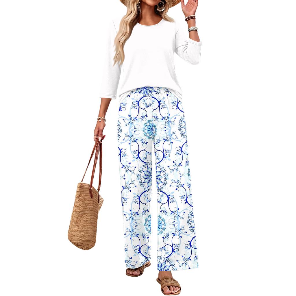 Women's Casual Fashion Round Neck Loose Fit Printed Three Quarter Sleeve Top with Wide Leg Printed Pants Set Comfortable Loungewear