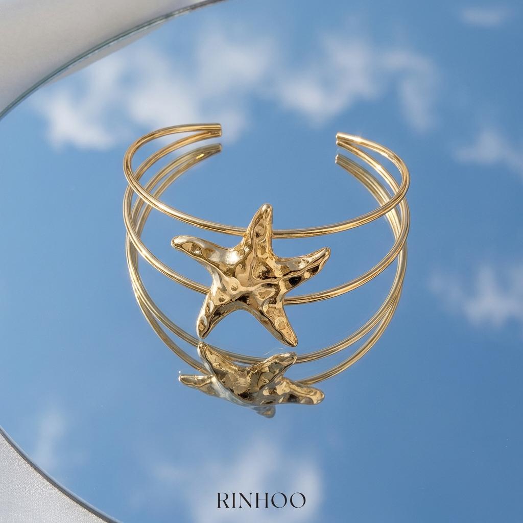 Gold Color Starfish Arm Cuff Upper Arm Bracelet  for Women Adjustable Boho Double Wire Bangle Summer Beach Wedding Jewelry Gift