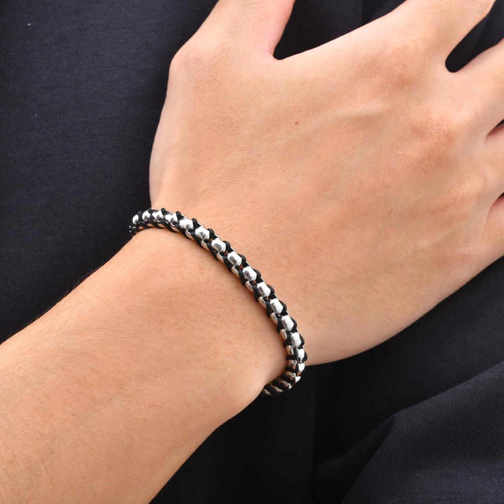 Black Silver Color Stainless Steel Box Chain Bracelets, Simple Punk Adjustable Chain Wristband,New Male Jewelry