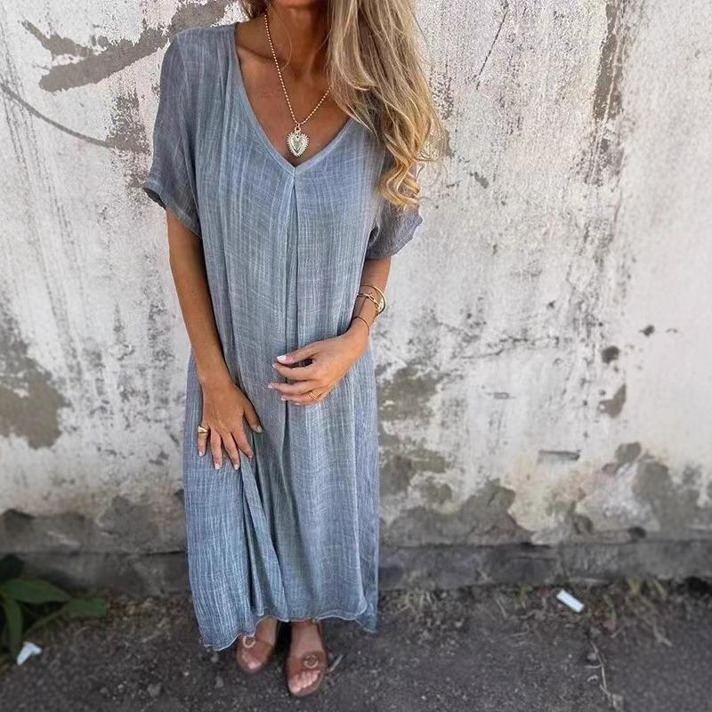 New European and American Cross-border Fashion Cotton and Linen V-neck Semi-formal Dress