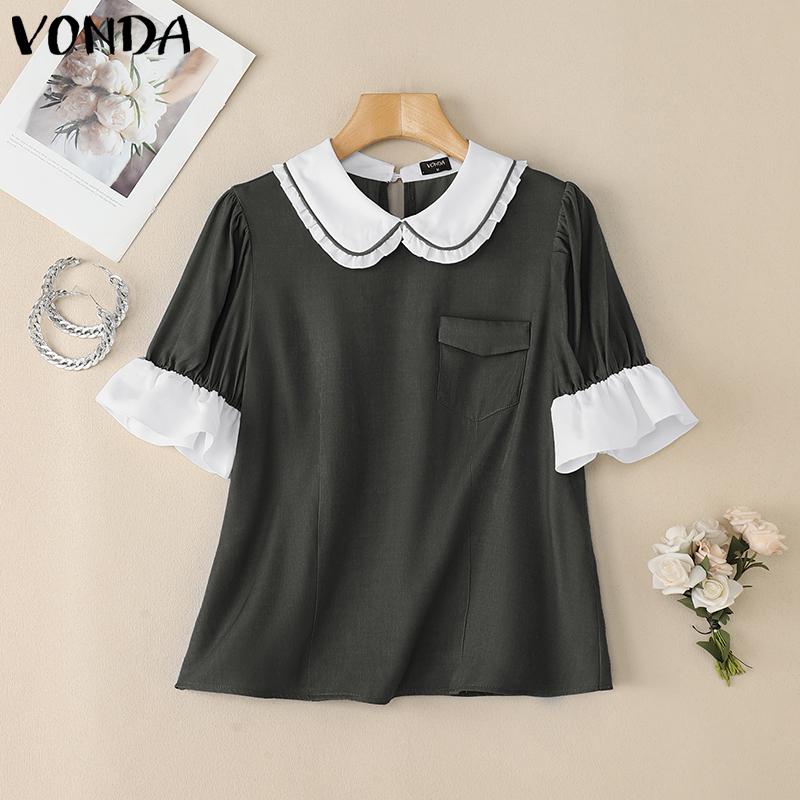 

VONDA Женская летняя блузка кэжуал с кукольным воротником, оборками и лоскутным шитьем L