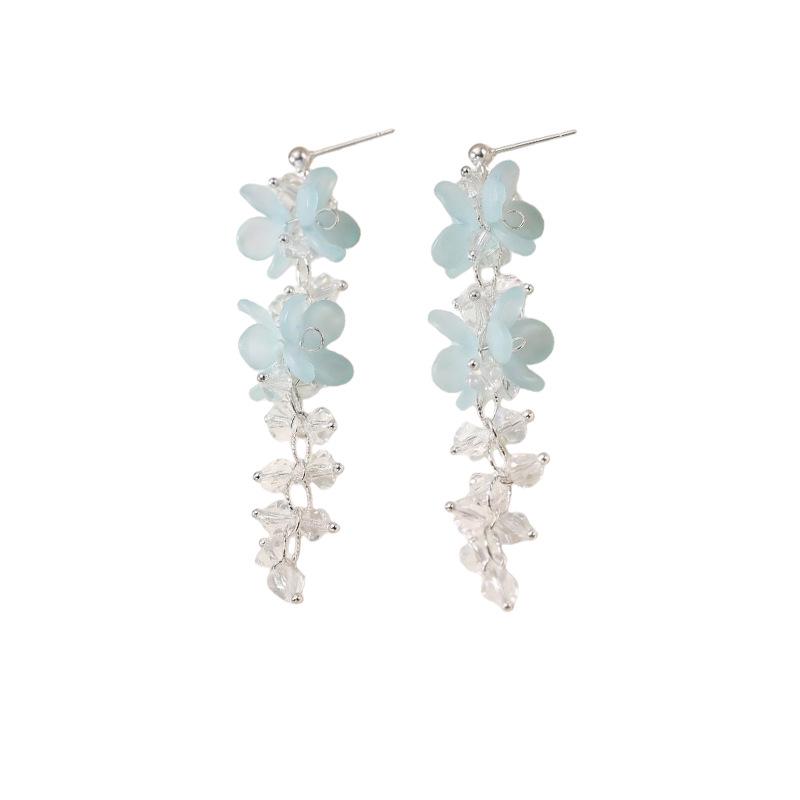 Sterling Silver Blue Floral Tassel Earrings with Beaded Design