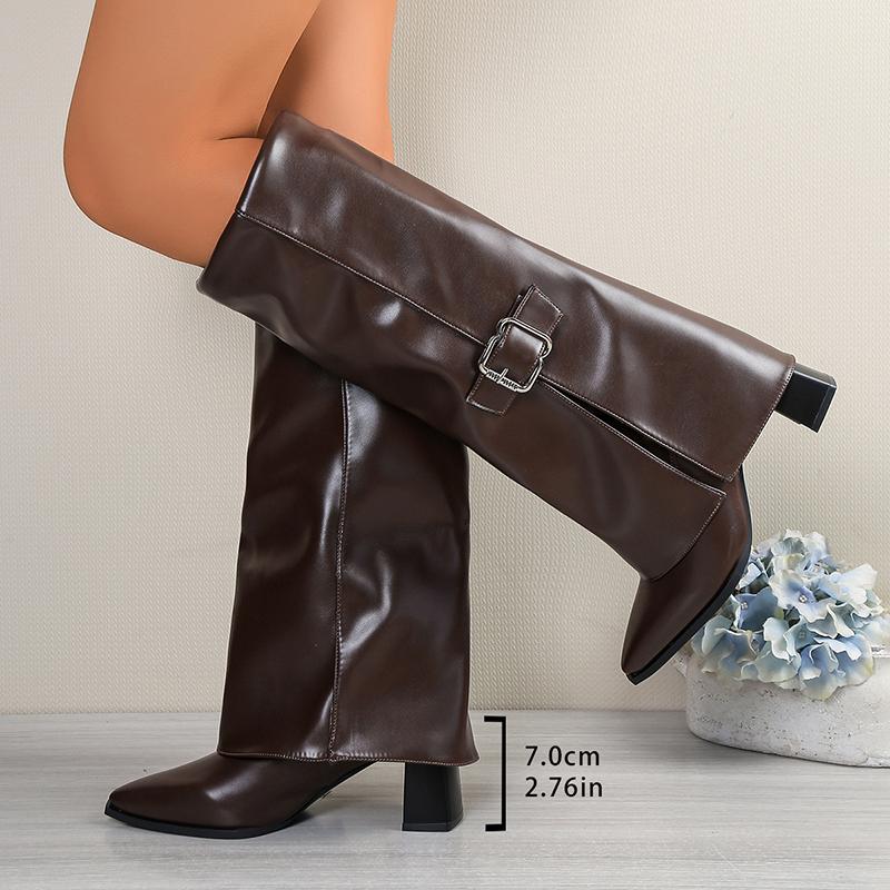 Fashion Sexy Pointed Toe High Heels Knee High Boots Women Punk Style Buckle Wide Leg Boots for Woman Pu Leather Gothic Long Botas Mujer