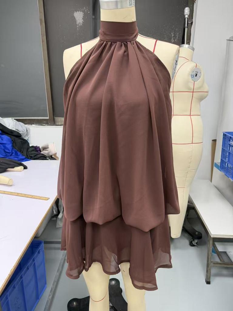 European and American New Solid Color Holiday Slim-fitting Sexy Backless Neck Waist Top Fluffy Short Skirt Dress Women