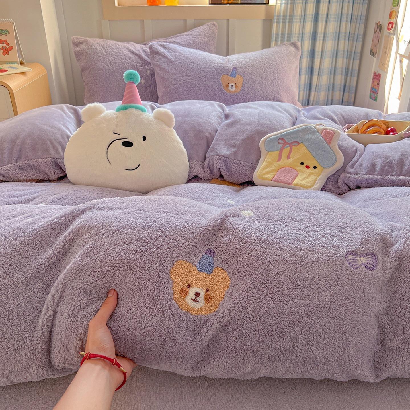 

Thickened Milk Fleece Bed Four-Piece Set Warm Children S Bedding Teddy Coral Fleece Quilt Cover Bed Sheet Three-Piece Set 3pc 150x200 quilt