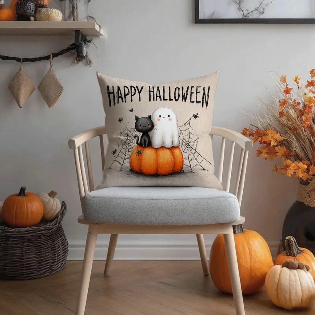 Halloween-Themed Cat & Ghost Pillowcasessuitable For Sofa Car Bedroom Decorative Cushion Cover Pillow Cover