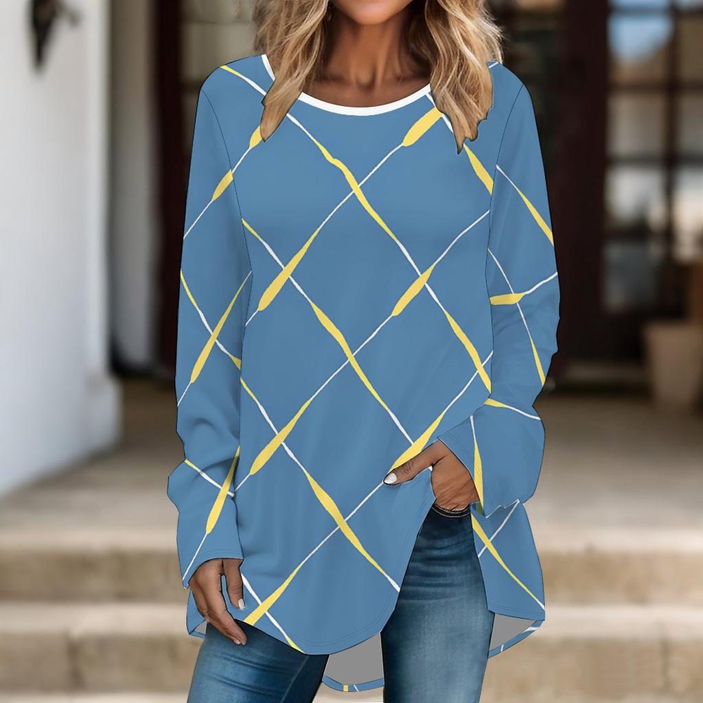Plus Size Women Spring Geometric Pattern Printed Comfy Long Sleeve Round Collar T-shirt Casual Baggy Mid Length Tee Tops