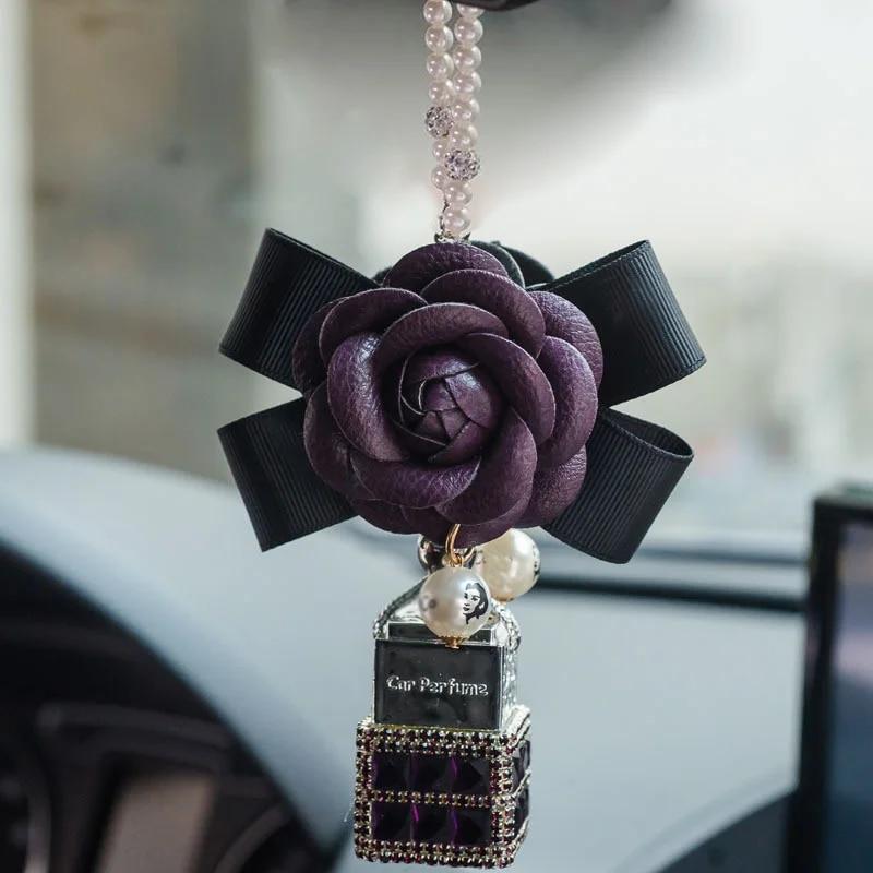 

Очаровательный бриллиантовый кристалл камелии, цветок автомобиля, подвеска в виде флакона духов, женские блестящие стразы, автомобильное зеркало, подвесные украшения для девочек фиолетовый