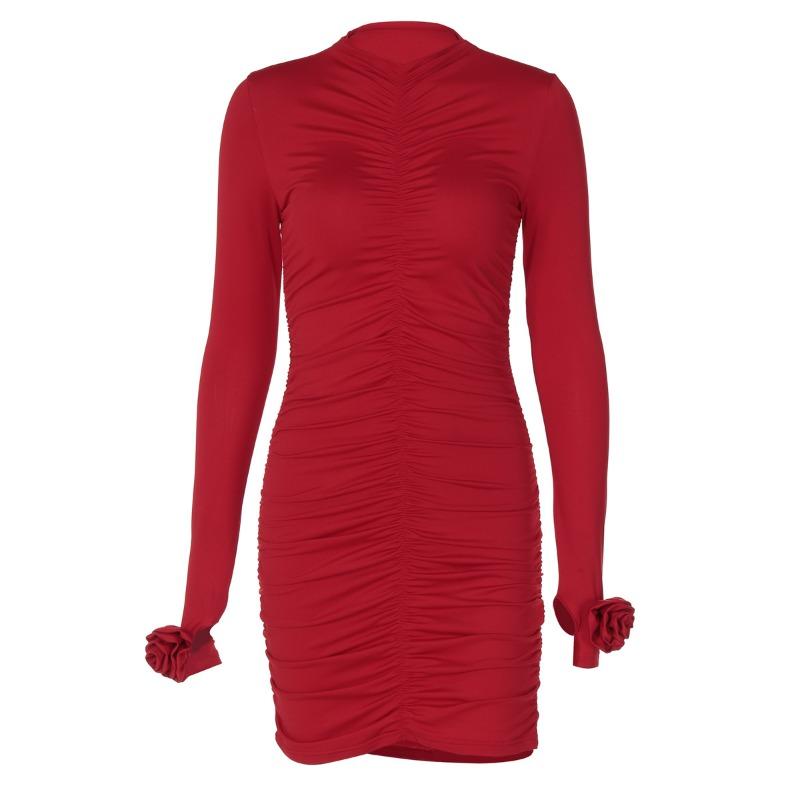 Women's Fall Fashion Floral Embellished Long-sleeved Pleated Slim-fit Hip Wrap Dress