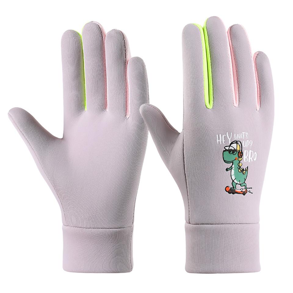 1Pair Kids Winter Gloves Fleece Lined Windproof Little Dinosaur Design Outdoor Snow Play Waterproof Warm