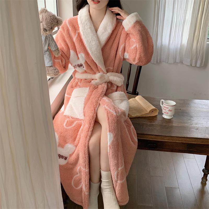Autumn/Winter Women's Coral Fleece Bathrobe: V-neck, Belted, Long Sleeves, Mid-length, Sweet Style, Warm Homewear.
