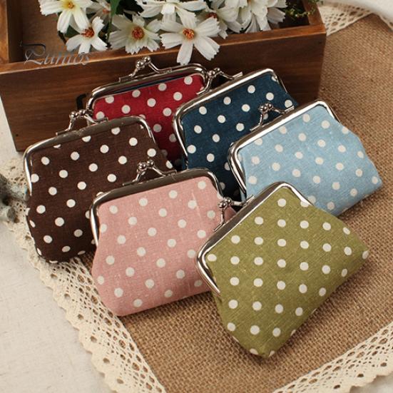 Women\'s Mini Polka Dot Cotton Coin Purse Twist Clip Framed Change Bag Wallet
