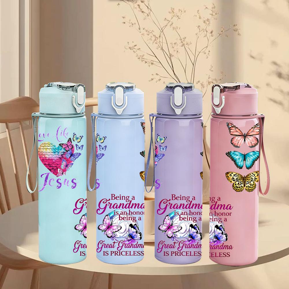 1PC Jesus Heart Multi Butterfly Quote 750ml Color Plastic Sports Water Bottle Leakproof Flip Straw Lid Suitable for Sports Office Home Use