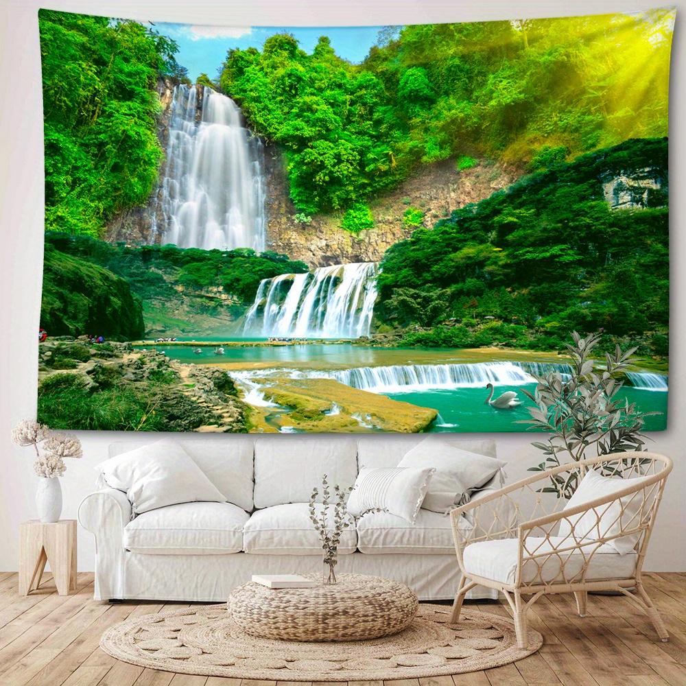 1pc Greenery Mountain Waterfall Tapestry, 126x320 inches, Polyester Soft and Flat Fabric, No Power Needed, Woven, Natural Style Wall Hanging for Livin