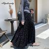 Koreanische Mode Herbst Winter Damen Samtrock Hohe Taille Blumendruck Schwarz Braun Midirock Vintage Elegant Feminin Rüschenrock