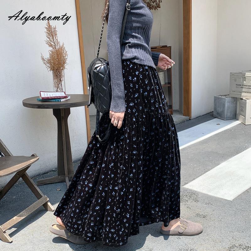Koreanische Mode Herbst Winter Damen Samtrock Hohe Taille Blumendruck Schwarz Braun Midirock Vintage Elegant Feminin Rüschenrock