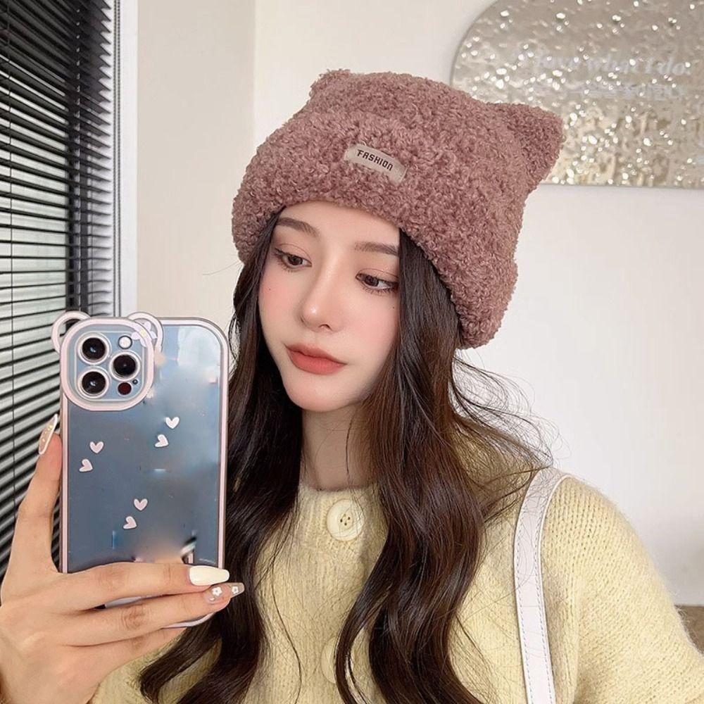Knitted Bear Ear Hat Cartoon Plush Beanie Cap Winter Ear Protection Skull cap  Women