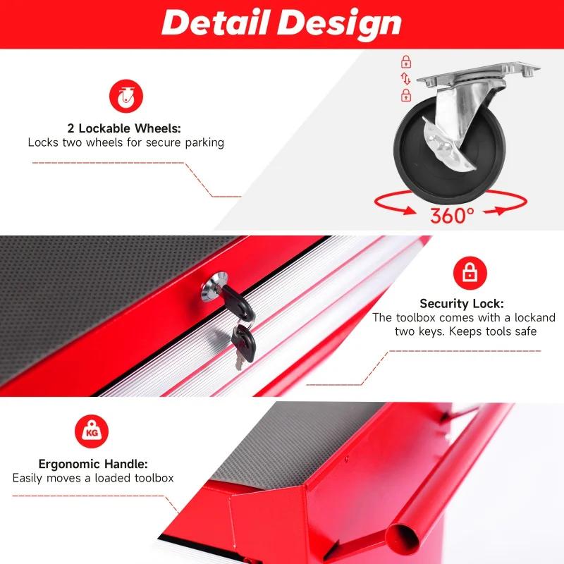 7 drawer mobile metal toolbox with wheel - High safety locking mechanism, high strength cold rolled steel, robust safety tool ca