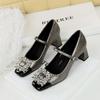Shallow Mouth Square Toe Color Blocked Metal Rhinestone Buckle Straight Strap Single Shoe