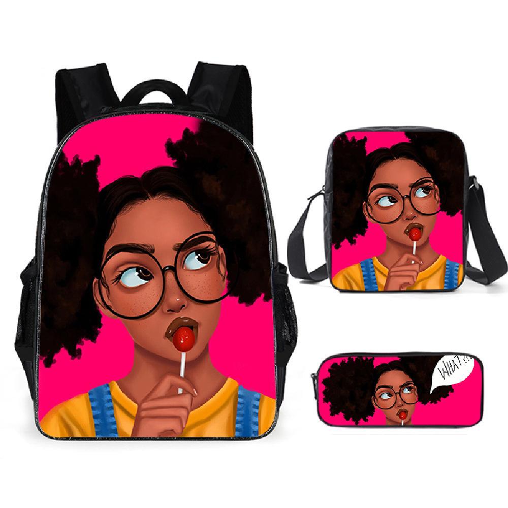 Cartoon African Girl Schoolbag, Primary And Secondary School Backpack, Backpack Three-Piece Set