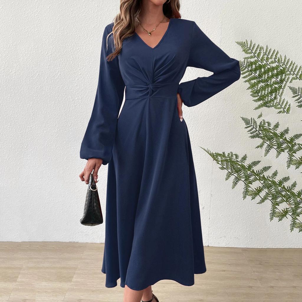 Women's Fashion Casual Solid Color V-neck Twisted Long-sleeve Dress
