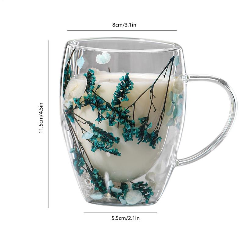 Dried Flower Double Walled Glass Mug 350ml Coffee Mug with Dry Flowers Decorative and Creative Flower Mug Double Wall Flower Cup