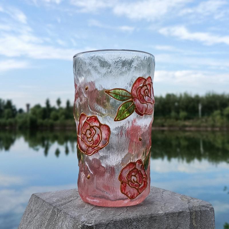 

Japanese Gold Tracing Hammered Crystal Glass Cup Hand Painted Floral Design Premium Quality Water Cup 340ml