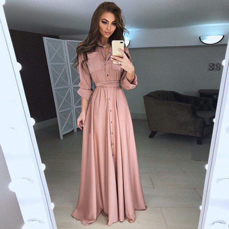 Sleeve Women Long Button Dowm Maxi Dress Evening Party Casual Shirt Dress