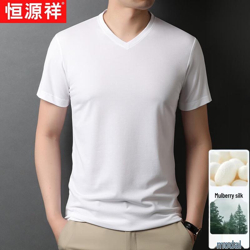 Hengyuanxiang Men's Summer V-Neck Silk Blend T-Shirt