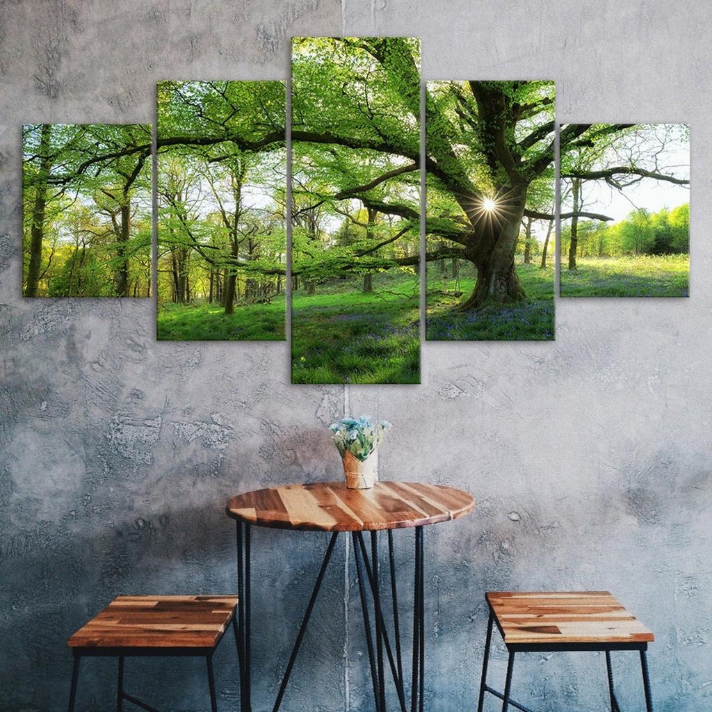 Green Forest Trees Nature Rainforest Sunshine Ray Canvas 5 Piece Five Panel Wall Print Modern Art Poster Home Decor Gift For Him For Her