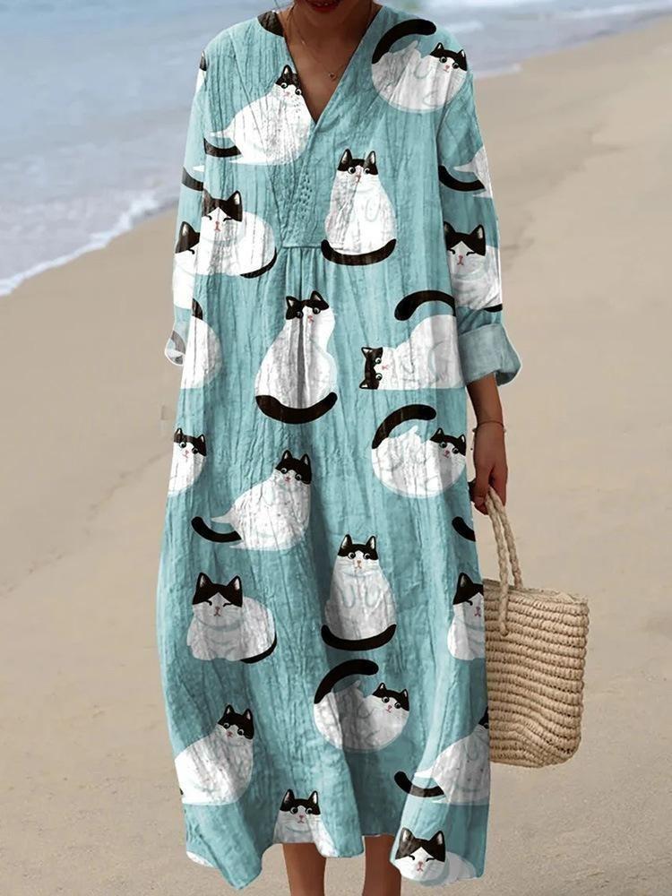 V Neck Short Sleeve Summer Beach Party Dress Loose Floral Print Women Holiday Robe Femme