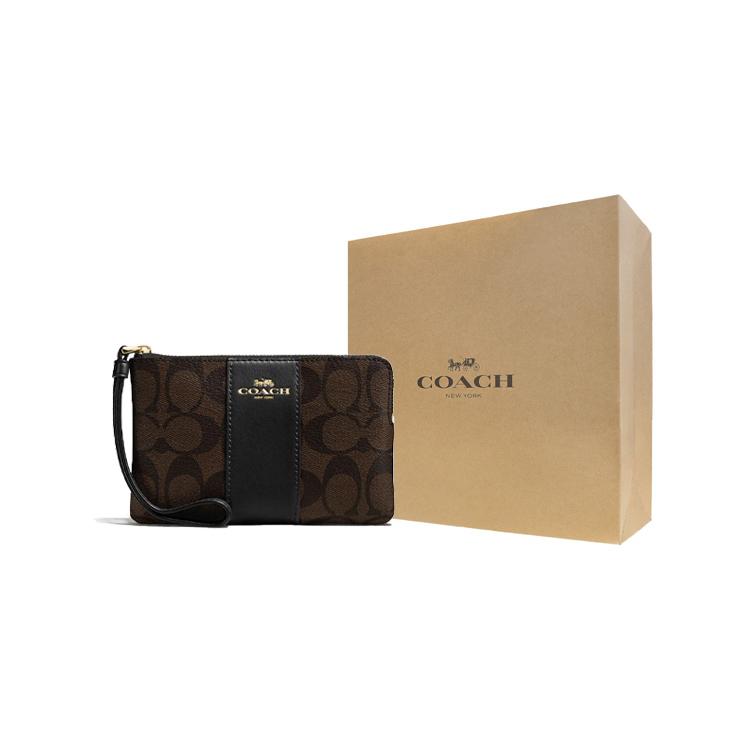 COACH Corner Zip Canvas With Leather Clutch Wrist Bag Pochette Coin Purse Womens Dark Brown One Size темно-коричневого