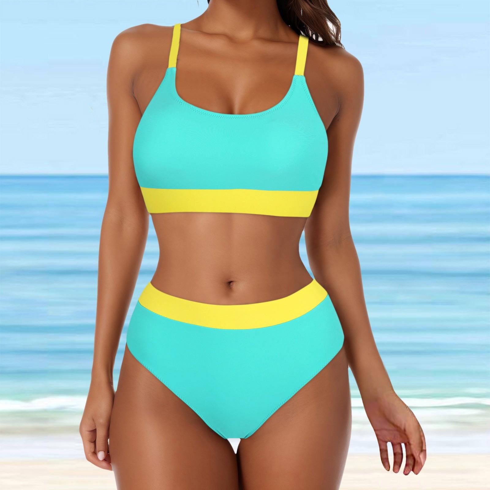 

Бикини для женщин с высокой талией, спортивный купальник из двух частей, цветной блочный купальный костюм, поддерживающий большую грудь, бикини XL жёлтый