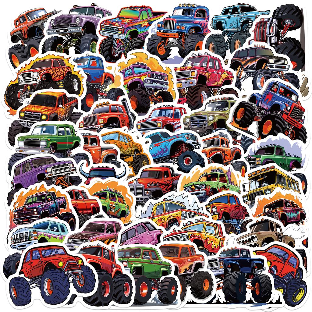 50Pcs Cartoon Monster Truck Stickers Cute Vinyl Decals For Luggage Laptop Water Bottle Guitar Phone Waterproof Graffiti