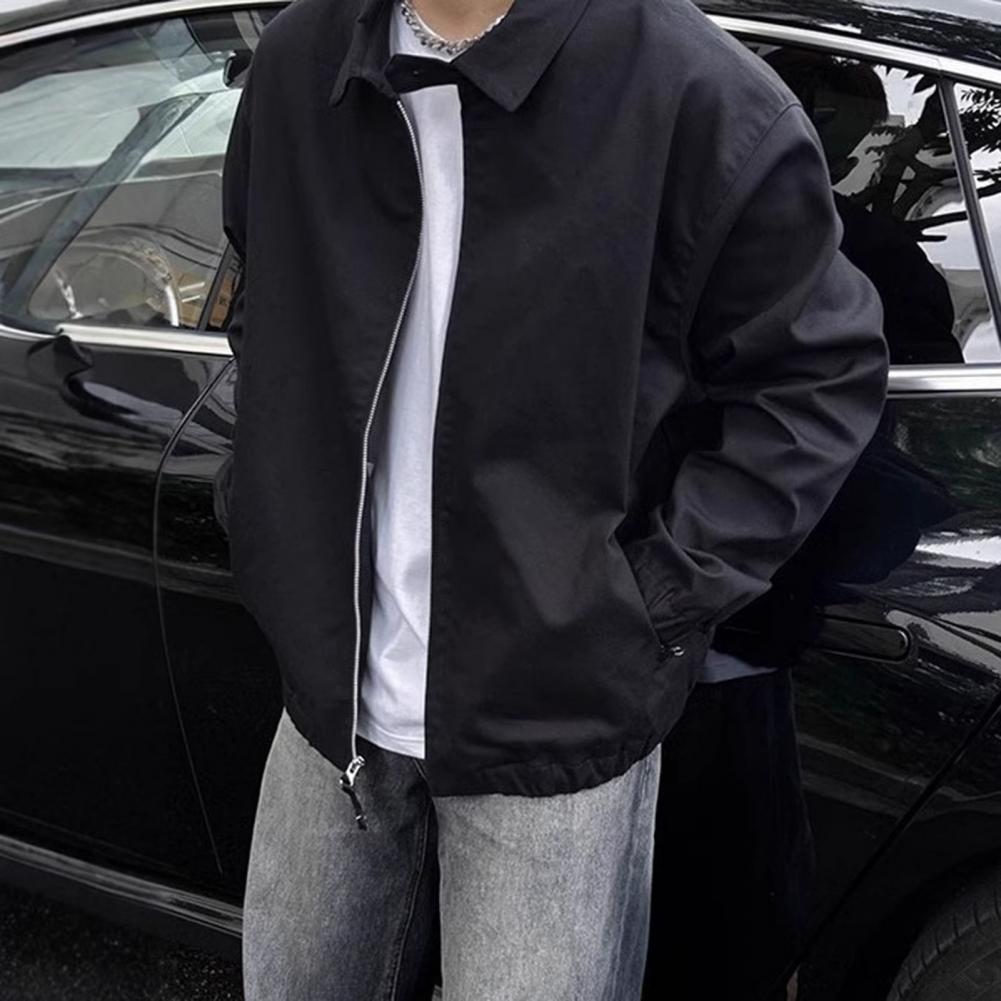 Men Coat Lapel Collar Long Sleeve Solid Color Jacket with Pockets Loose Fit Street Style Casual Outerwear