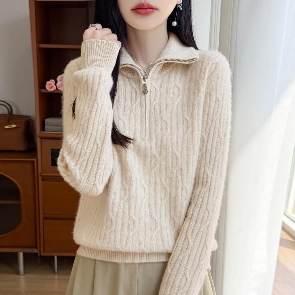 Women's Thick Wool Lapel Sweater: Autumn Winter, Half-Zip, Cable Knit, Long Sleeve Base Layer