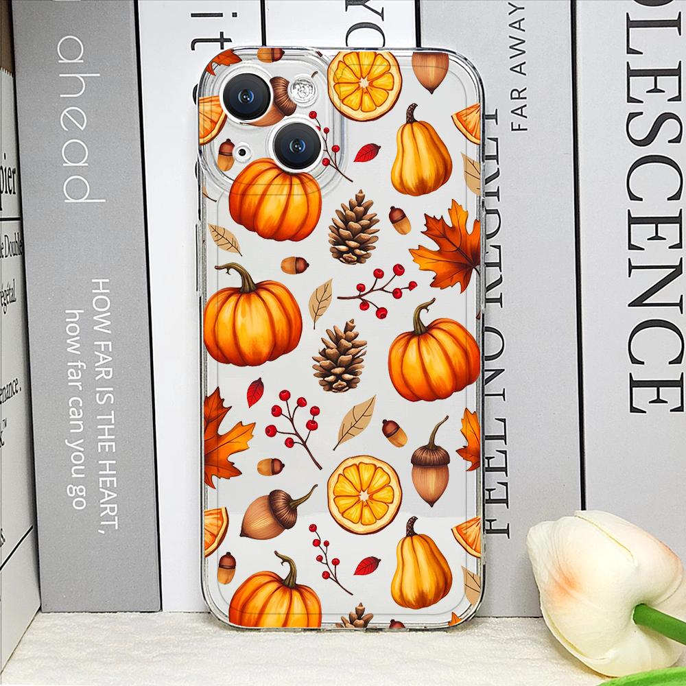 

Autumn Maple Leaf Pumpkin Print Clear Phone Case for IPhone 14 Pro 13 11 12 15 16 Pro Max XR XS X 7 8 14Plus 16e Soft Back Cover iPhone 13 mini